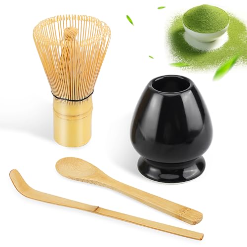 Hisdricus Macha Tea Set, 4PC Schwarz Matcha Besen Set, Matcha Whisk mit 80 Zinken, Matchabesen, Bambusbesen Matcha Set,Traditionell Japanische Teezeremonie, Geschenk für Ihre Lieben