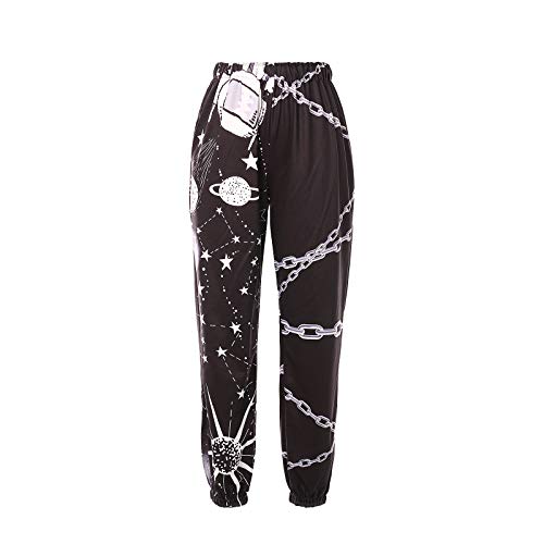 Nicoxijia Y2K Damen-Jogginghose mit Graffiti-Grafikdruck, elastische Taille, lässig, Farbblock, lockere Baggy-Jogginghose mit Taschen, D-schwarze, weiße Kette, M