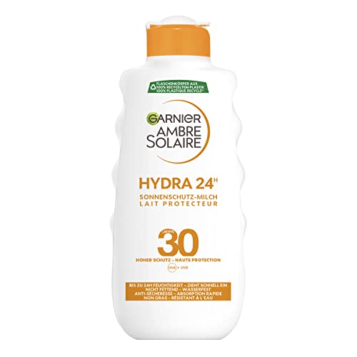 Garnier Sonnenschutzmilch mit LSF 30, Feuchtigkeitsspendende Sonnencreme mit Shea Butter für alle Hauttypen, Ambre Solaire Hydra 24h, 1 x 200 ml
