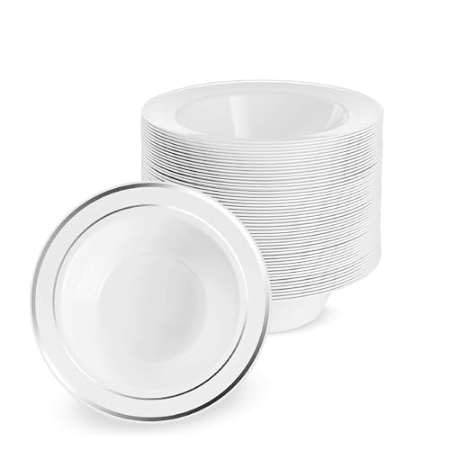 MATANA 25 Weiße Plastikschalen mit Silbernem Rand, Suppenteller, Suppenschalen (360ml) - Suppenschüssel für Hochzeiten, Geburtstage, Taufen, Weihnachten, Partys - Mehrweg & Stabil