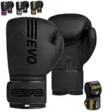 EVO Fitness Boxhandschuhe für Herren, Matt, Schwarz, für MMA, Muay Thai, Kampfsport, Kickboxen, Sparring, Training, Kampfhandschuhe mit Handbandagen (Schwarz, 14 OZ)