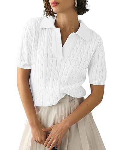 Imily Bela Damen Kurzarm Strickpullover Sommer T Shirt Pullover Cable Knit Elegant Tops V-Ausschnitt Pulli Sweatshirt