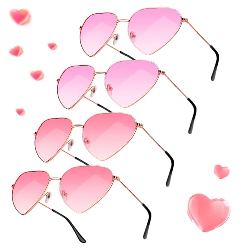 RISVOWO 4 Paar Herz Sonnenbrille, Metallrahmen Retro Sonnenbrille, Sonnenbrillen Damen, Party Brille Rosa für Herren Damen 80er 90er Party Hippie Chic, Fasching Foto Requisiten Geburtstagsfeier