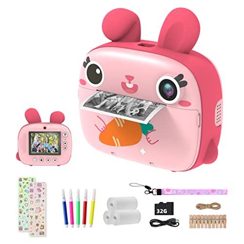 Kinderkamera Sofortbildkamera, CAMCLID Kamera Kinder mit 3 Rollen Thermopapier & 32G Karte,DigitalKamera & VideoKamera mit 2,4" Bildschirm,Fotokamera Sofortbilder Geschenk für Mädchen Jungen (Rosa)