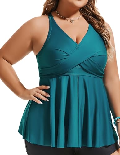Hanna Nikole Women Plus Size Flowy Tankini Tops Twist V Neck Only Modest Swimsuit Tops Bathing Suits No Bottom Blaugrün 52