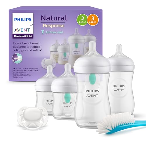 Philips Avent Babyflaschen mit AirFree Ventil, Geschenkset für Neugeborene – 4 Babyflaschen, ultra soft Schnuller und Flaschenbürste, Babys von 0–12 Monaten und älter (Modell SCD657/11)