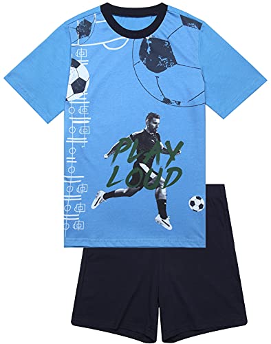 Jungen Schlafanzug kurz, weicher Single-Jersey aus 100% Baumwolle und Hose in Bermuda Form - mit Fussball Motiv Play Loud, in blau Grösse 164