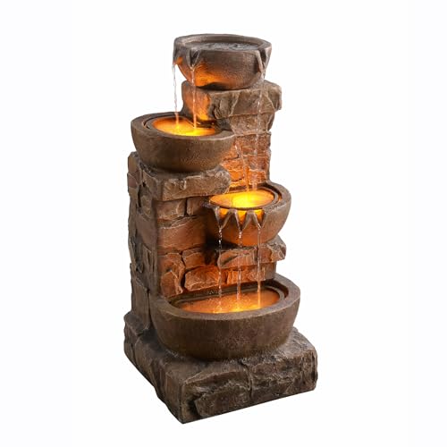 Teamson Home 84,5 cm Kaskadierende Schalen & Gestapelte Steine LED Outdoor-Wasserbrunnen für Außenbereiche, Braun