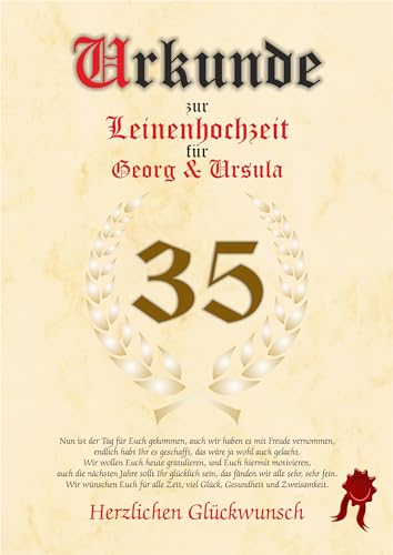 Urkunde zum 35. Hochzeitstag Leinenhochzeit Geschenkurkunde Leinen Hochzeit 35 Jahre verheiratet Mann Frau personalisiertes Geschenk Karte zum Ehrentag XXL DIN A4