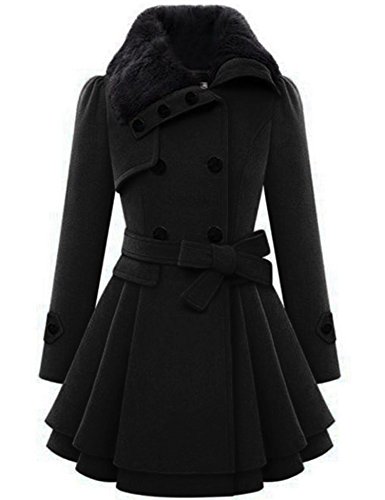 Zeagoo Damen-Trenchcoat, Kunstfell, Revers, zweireihig, dicke Wolle, warm, Größe S-2XL, Schwarz, L