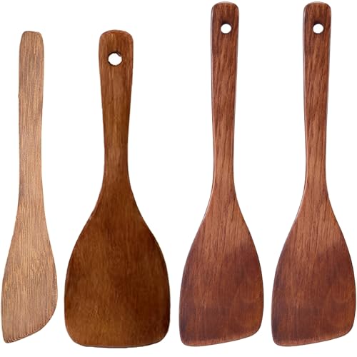 4 Stück Pfannenwender Holz, Spezial Holz-Küchenhelfer für Pfannen Reis Schaber, Bratpfannenwender, Holzschaber Küche Reisschaber, Schräg Schnitt Pfannenwender Jiaozi Messer