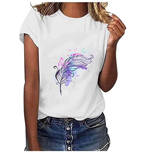 Frauen T-Shirt Casual Kurzarm Loose Bluse Atmungsaktiv Bequem Weich Fashion Print Sommer Tops (White, S)