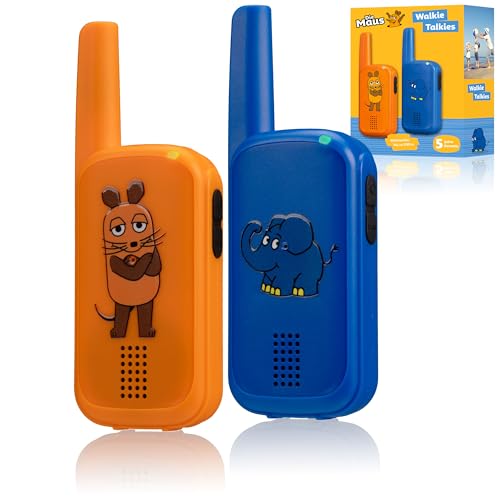 DieMaus Walkie-Talkies für Kinder, 500m Reichweite, 1 Kanal, lustiges Maus- und Elefant-Design, inklusive Gürtelclips