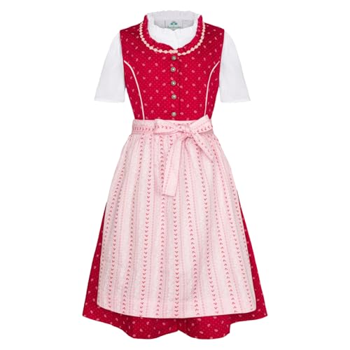 Kinder Dirndl 3-TLG. Kleid Bluse Schürze für Mädchen Oktoberfest Kirchweih Hochzeit Sonntagausflug rosa/rot mit Röschen, Gr. 146