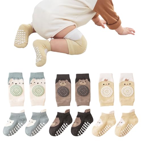 Mezrkuwr 3 Paar Baby Knieschoner und 3 Paar Baby Socken Baby Krabbeln set, Anti Rutsch mit Gummipunkte Krabbelschoner Stulpen Knieschützer für Kleinkinder 0-12 Monate