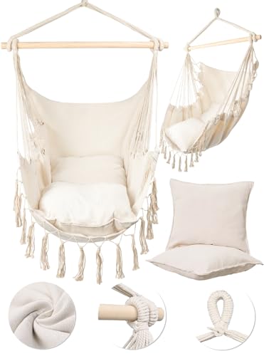 MalTec Hängesessel Gartensessel Brasilianischer Cocoon Stuhl mit Kissen Hängestuhl Indoor & Outdoor BEIGE Sessel zum Aufhängen bis 120kg belastbar