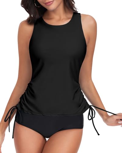 WOWENY Tankini Damen Bauchweg Bikini Oberteil Einzeln Padded Sport Badeanzug mit Cups Swim Top Schnell Trocknend Bademode Tank Top Schwarz M