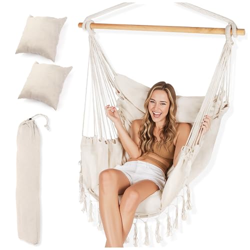 Campela Hängesessel im Boho-Stil – Brasilianischer Hängestuhl mit Kissen & Tragetasche, Beige – Tragkraft 150 kg – Für Wohnzimmer, Kinderzimmer, Balkon, Terrasse, Garten