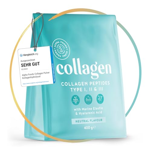 Collagen Pulver [400g] | Premium Kollagen Hydrolysat | Peptide Typ 1, 2 und 3 | Hochdosiert Kollagenpulver mit Hyaluronsäure und Elastin | Geschmacksneutral | in Deutschland hergestellt | Alpha Foods