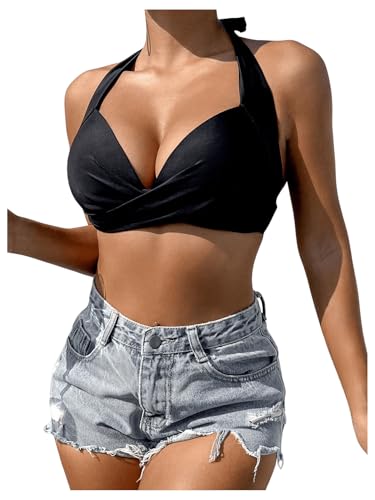 GORGLITTER Damen Push UP Bikini Top Neckholder Bikinioberteil Triangel Bikini Top mit Twist Badetop Bandeau Bikini-top Schwarz M