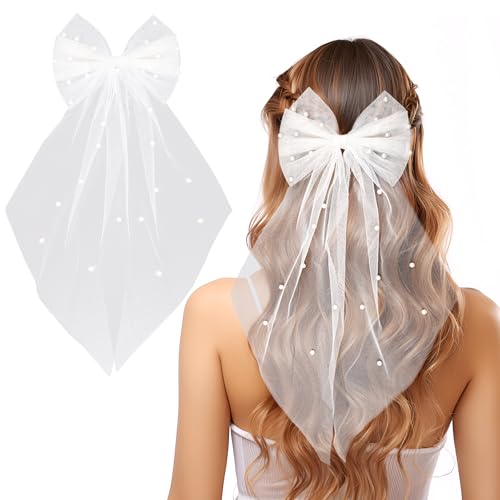 VZXQX Brautschleier Kurz, JGA Schleier Braut mit Perlen und Haarspange Weißer Elegante Tüll, Haarschleife Braut Schleier Softtüll für Junggesellenabschied Hochzeit Damen Mädchen Party Haarschmuck