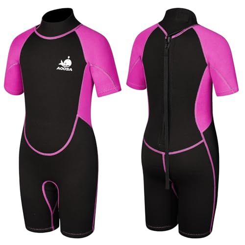 AOOSA Neoprenanzug Kinder für Jungen und Mädchen, 2.5 mm Neopren Thermo Badeanzug, Shorty Neoprenanzug mit Reißverschluss Hinten für Wassersport, Schwimmen, Schnorcheln, Surfen, Tauchen (Rosenrot, M)