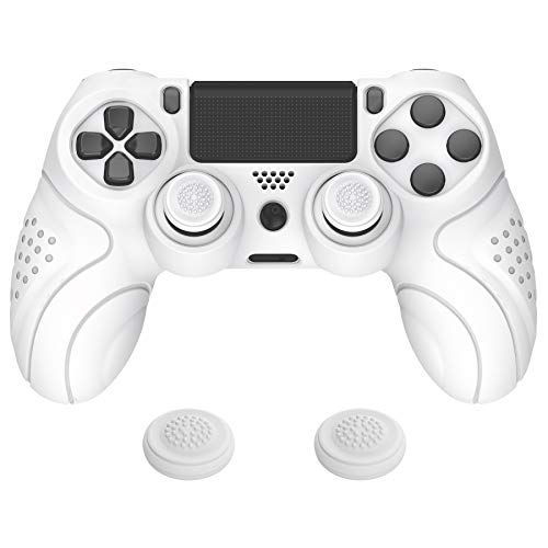 PlayVital Hülle für ps4 Controller,Case Zubehör Anti-Rutsche Schutzhülle Hülle ergonomische Griffe Skin,2 Stück Stick Kappen für Playstation 4 Slim Pro Controller(Guardian Edition,Weiß)