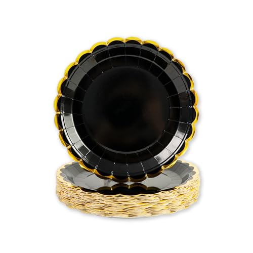 Pappteller Schwarz Gold 50 Stück, 18cm Partyteller Schwarz mit Gold Goldrand Einwegteller Pappteller Geburtstag Kuchenteller Partygeschirr für Geburtstag Hochzeiten Jubiläums (Schwarz Gold, 18cm)
