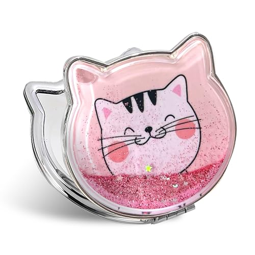 Fixleren Katze Taschenspiegel, Handspiegel Klappbar Mini Schminkspiegel ，Klein, Doppelseitig，Kompaktspiegel für Make-up Camping Reisen 7 * 7.5cm. (Rosa)