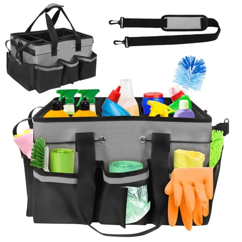 Reinigungs Caddy Organisator, mit Griff und Verstellbaren Schultergurten, Tragbar Wasserdicht Reinigungstasche Putzmittel Organizer, Hausputz Caddy mit 2 Fächern für Reinigungs Produkte (grau)