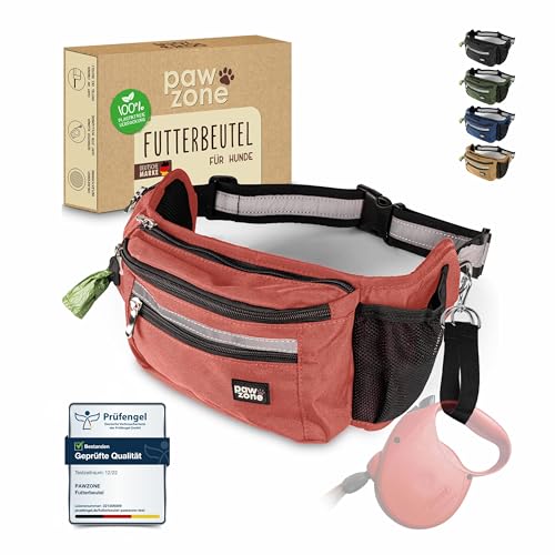 PAWZONE® Futterbeutel Hunde - Leckerlibeutel für Hunde - Bauchtasche für Hunde Zubehör - Leckerlietasche für Hunde - Inkl. Reflektorband & Zusatzgurt für Flexileine (Rostrot)