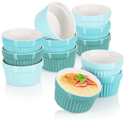 COM-FOUR® 12x Soufflé Förmchen - Creme Brulee Schälchen aus Keramik - Ofenfeste Förmchen - Dessertschale und Pastetenförmchen für z.B. Ragout Fin - je 200 ml - in verschiedenen Grüntönen