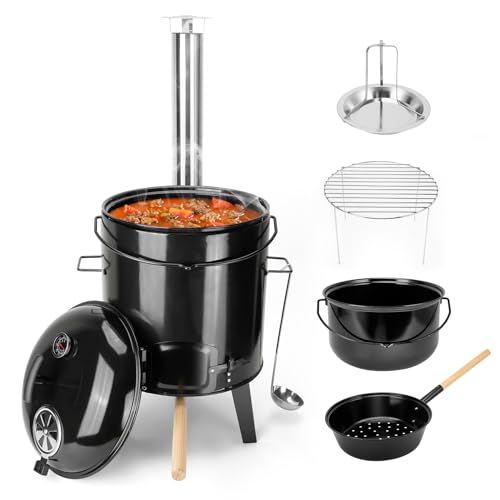 onlyfire Emailliert Gulaschkanone, Kesselgulasch mit Hähnchenbräter, Grillrost, Gulaschkessel mit Suppenkelle, Deckel, Thermometer, 14L Eintopfofen mit Grillfunktion Ofen Grill Kugelgrill für Outdoor