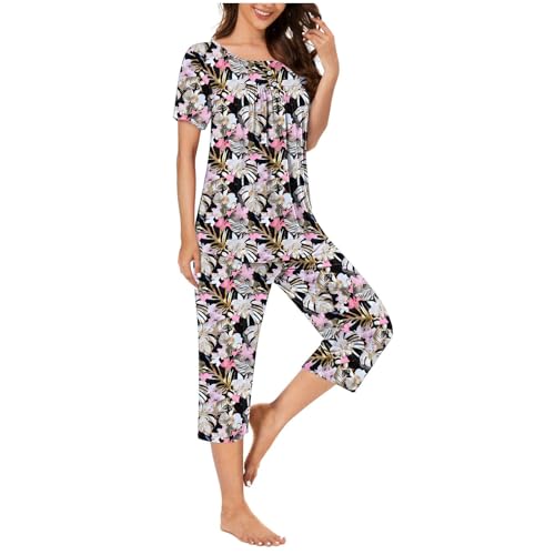 SMUXP Damen-Schlafanzug mit Tierdruck, Leopardenmuster, weiche Loungewear, Knopfleiste vorne, kurze Ärmel, bauchfreie Pyjamahose, Nachtwäsche-Set, weiche Pyjama-Sets für Café, TV-Show, 5# Pink, L