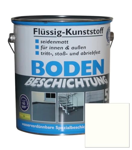 Flüssig Kunststoff 5L Bodenbeschichtung für 50m² Betonfarbe Estrichfarbe Beton Beschichtung Boden Estrich Farbe Bodenfarbe innen / außen Halle Keller Terrasse Kellerboden Putz Holz Reinweiß RAL 9010