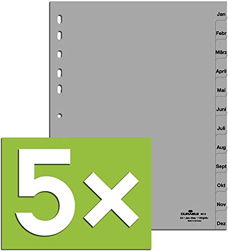 Durable Register für DIN A4, volldeckend (5er Pack - grau, Jan-Dez)