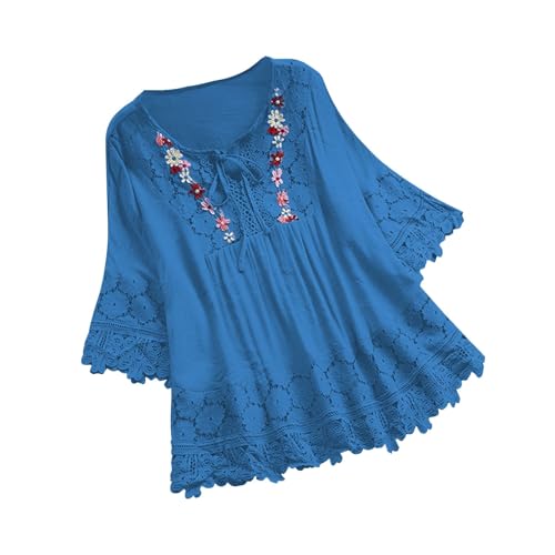 Tunika-Oberteile für Damen, 3/4-Ärmel, Spitze, Patchwork, Damen-Sommer-Tops, Schleife, V-Ausschnitt, Baumwoll-Leinen, Damen-T-Shirts, Vintage-Stickerei, trendig, lässig, Bluse, T-Shirts, Tunika