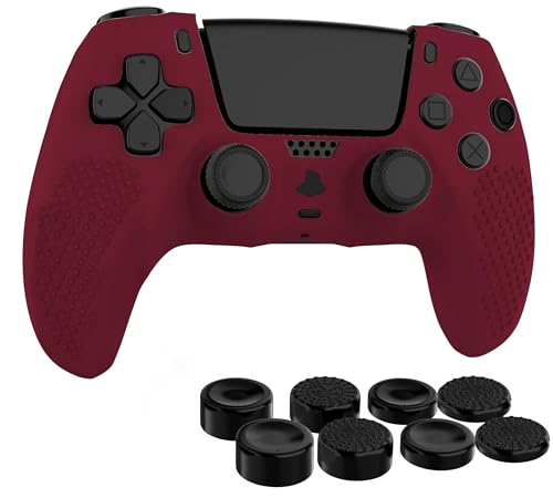 MyGadget Silikon Hülle kompatibel mit PS5 Controller - mit 8 Thumbsticks [ 2X Paar Hoch | 2X Paar Tief] - Playstation 5 Dualsense Wireless Skin in Weinrot