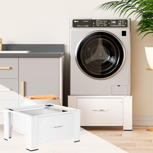 Herrselsam Universal Waschmaschinen Unterschrank mit Schublade 62x54x32 cm, Podest für Waschmaschine und Trockner, geräuschreduzierende Gummiauflage, ideal für Waschmaschine, Trockner, Weiß