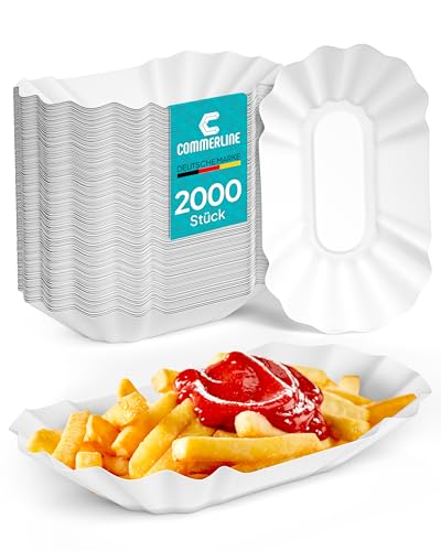 Commerline 250 Stück Pommesschalen aus Pappe (10,5 x 17,5 x 3 cm) KUOB – Rechteckige Currywurst Pommes Papierteller, Stabile & Umweltfreundliche Einwegteller für Party & Gastronomie