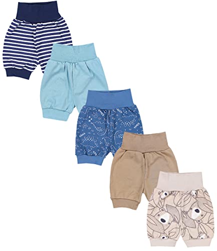 TupTam Unisex Baby Pumphose Sommershorts Baumwolle 5er Pack, Farbe: Dunkelblau Grün Dino Jeansblau Streifen Grau, Größe: 74/80