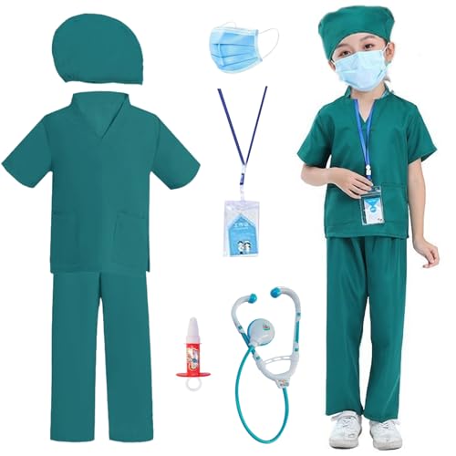 DKDDSSS Arzt Kostüm Kinder Arztkittel Kinder Arztkoffer Kinder ab 3 jahre mit Stethoskop, Spritze und Hut, OP Oberteile und Hosen Doktor Rollenspiel Zubehör Geschenke für Kinder ab 3 Jahren