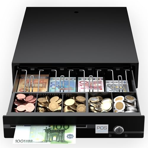 POS VALLEY Kassenschublade - Automatic Elektrisch (RJ11-12) / Manuell Öffnen - 4 Geldscheinfächern / 5 Münzfächern (Euro), Small - 33x37cm, Schwarz
