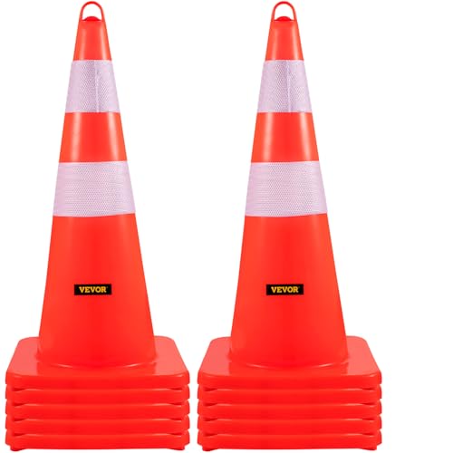 VEVOR Sicherheitskegel, 10 Stück 28 Zoll Verkehrskegel, Orangefarbene PVC-Baukegel, 2 Reflektierende Kragen, Verkehrskegel mit Beschwerter Basis und Handring, für Verkehrskontrolle