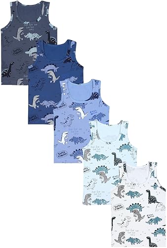 TupTam Unterhemden Jungen – 5er Pack Ärmellose Kinder Unterhemden, Baumwolle, Bequem & Atmungsaktiv, Farbe: 5er Pack Dino Blau Beige Grau, Größe: 104-110