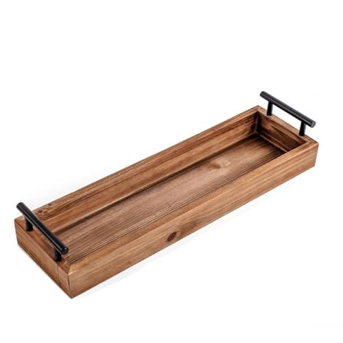 SOMEDA® Holz Tablett mit Metallgriffen/Bad Seife Ablage Deko Teelicht Accessoires Ständer Tray/rustikales Holz Braun / 41x12 cm