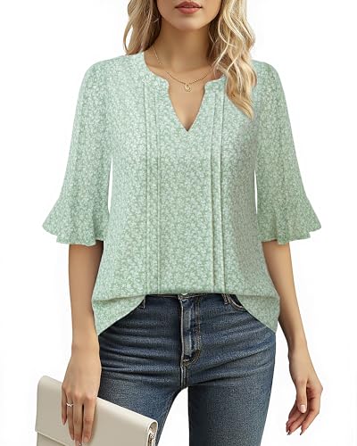 Bodhi talk Shirt Damen Sommer: Damen Oberteile Elegant - Office Wear Fallverhalten Vordere Falten Sommerbluse Geblümt Chiffonoberteil - Arbeit V-Ausschnitt Leicht Casual Büro Tunika (Grün Geblümt L)