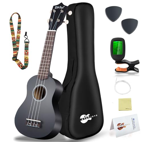Everjoys Sopran Ukulele Set für Kinder und Erwachsene 21 Zoll Ukulele Starter Kit mit Tasche, Tuner, Songbook, Saiten, Pick, Kleine Hawaii Gitarre Schwarz