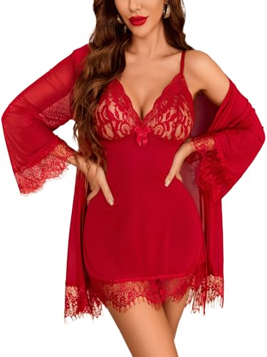 Avidlove Damen Dessous Set 3-Teiliges Sexy Spitze Unterwäsche Slip Nachthemd Lingerie Morgenmantel Frauen Mesh Negligee Kimono Strapsen Reizwäsche Babydoll mit Höschen Rot XXL