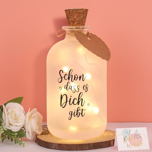 Pfloge® LED Flaschenlicht mit Spruch Schön, dass es Dich gibt, Beleuchtete Dekoflasche mit lichterkette, leuchtflasche mit Grußkarten, Geschenke für frauen Freundin, Geburtstagsgeschenk, Hochzeit